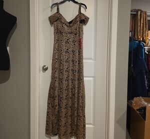 R & M Richards Gold Lace Off-Shoulder Maxi Gown